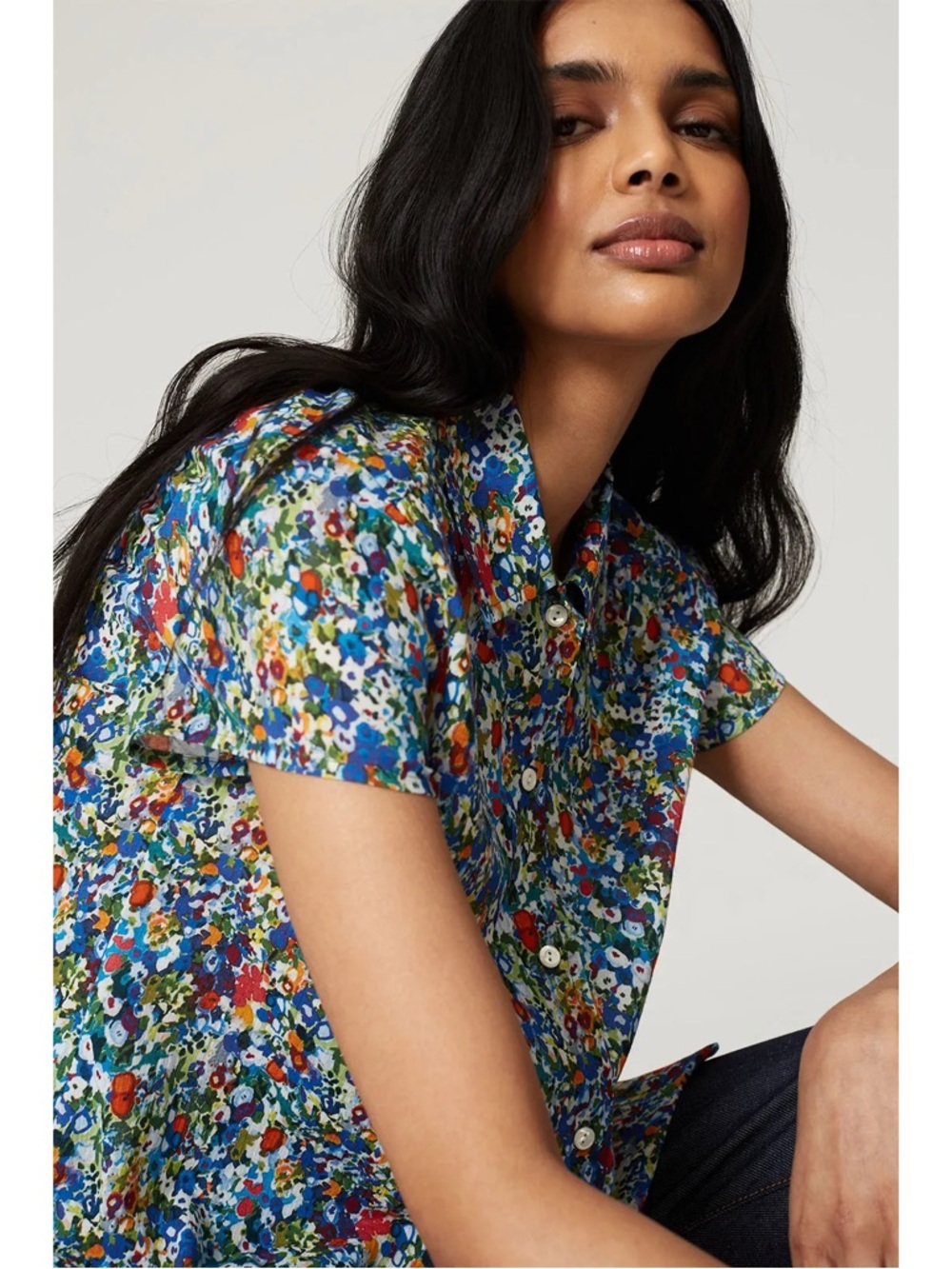 A.P.C. Cleo Chemisette Button Down Shirt 24 Blue Floral XS Cotton Short Sleeve